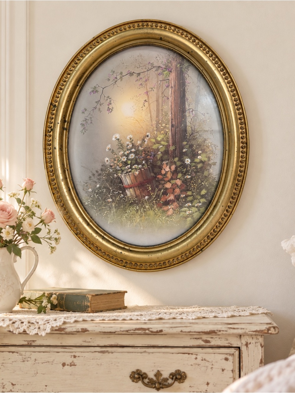 Vintage Oval Woodland Floral Print | Gold Tone Frame Cottagecore Wall Art